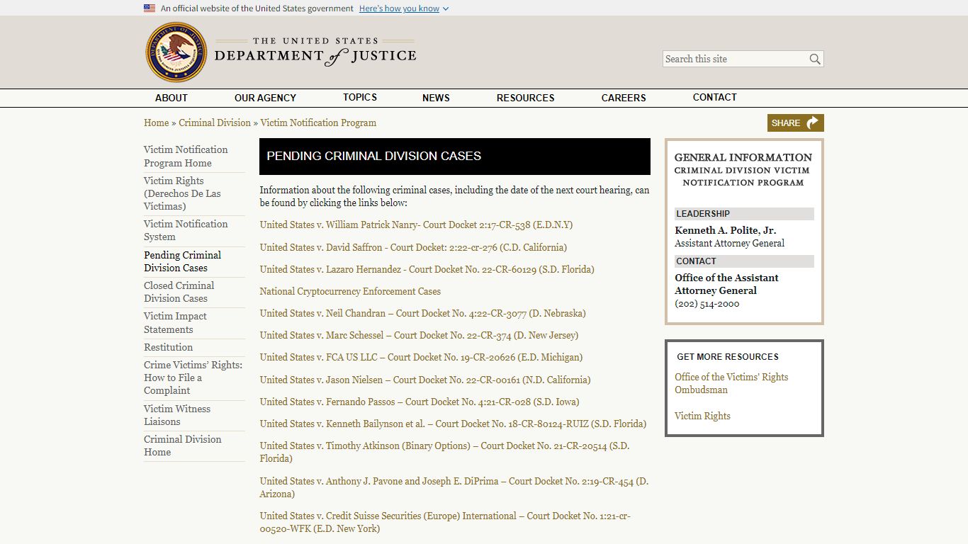 Pending Criminal Division Cases | CRIMINAL-VNS | Department of Justice